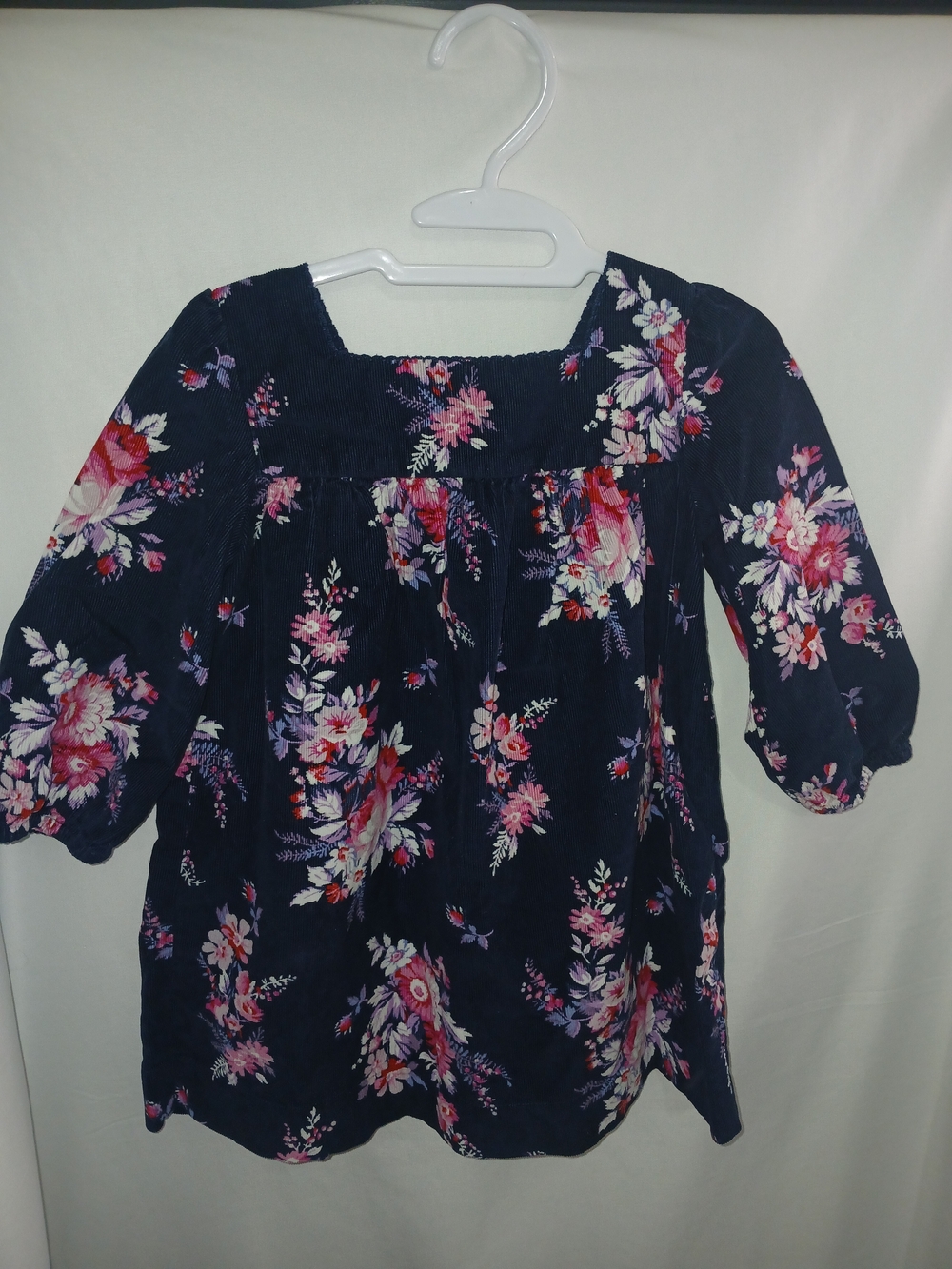 GAP Navy Floral Square-Yoke Dress with Pink & White Blooms Corduroy